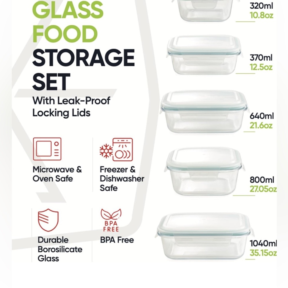 8 Piece Set Airtight Glass Food Storage Containers Glass Meal Prep Leak Proof - Picture 2 of 3